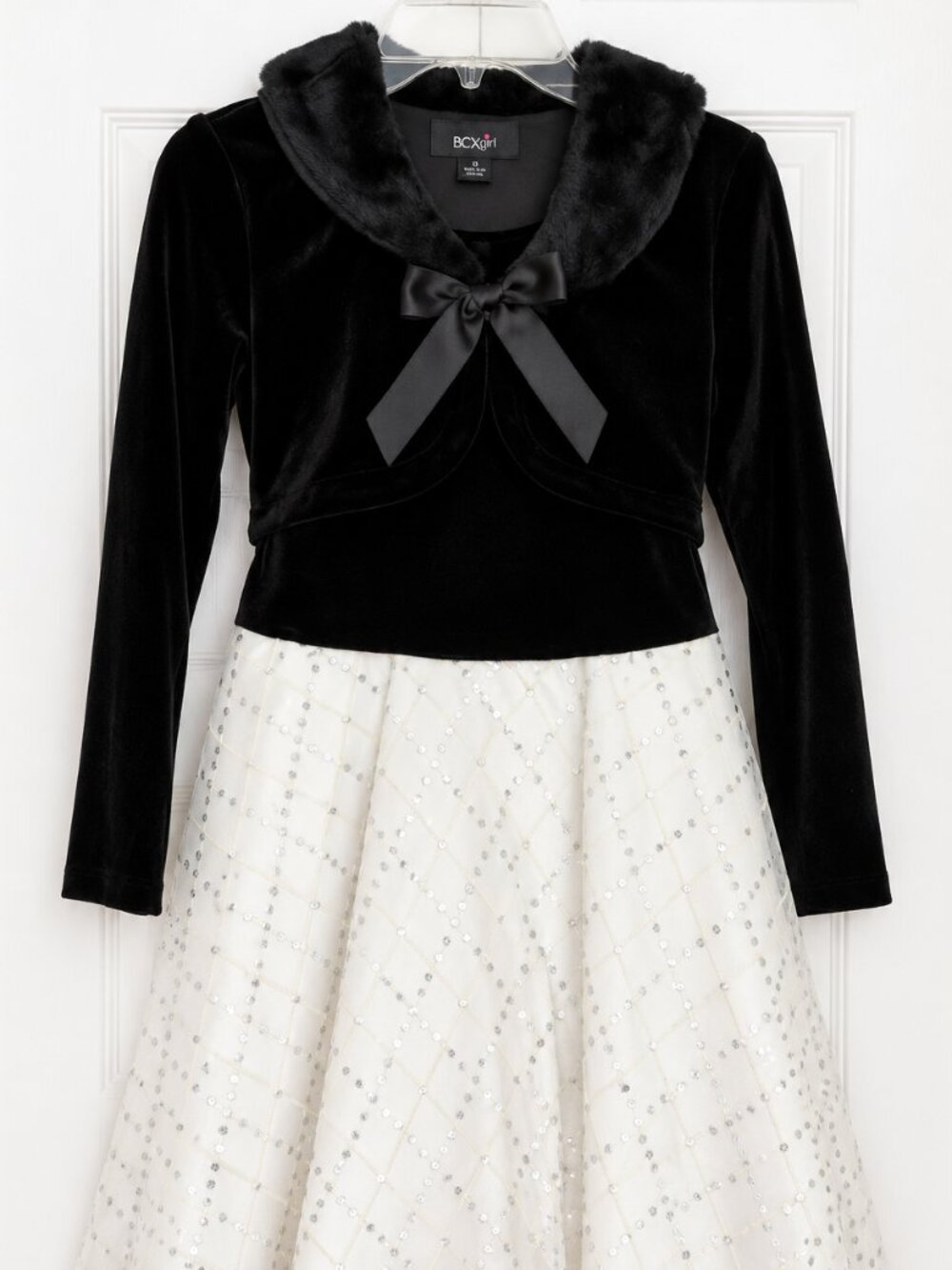 NWT BCX Girl Black Velvet Faux Fur Sparkle Party Dress Size 10